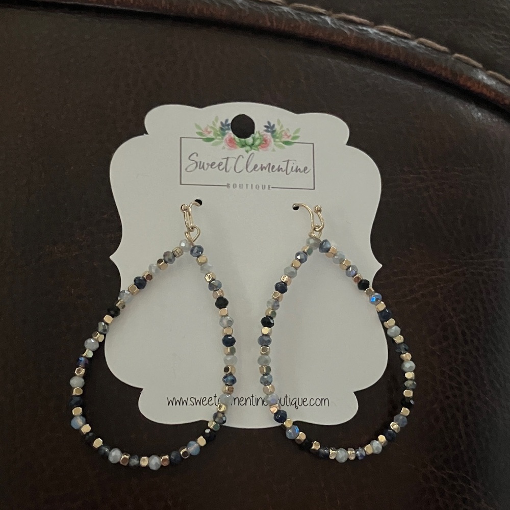Sweet Clementine Gold Hoop Earrings with Blue and Gray Beads